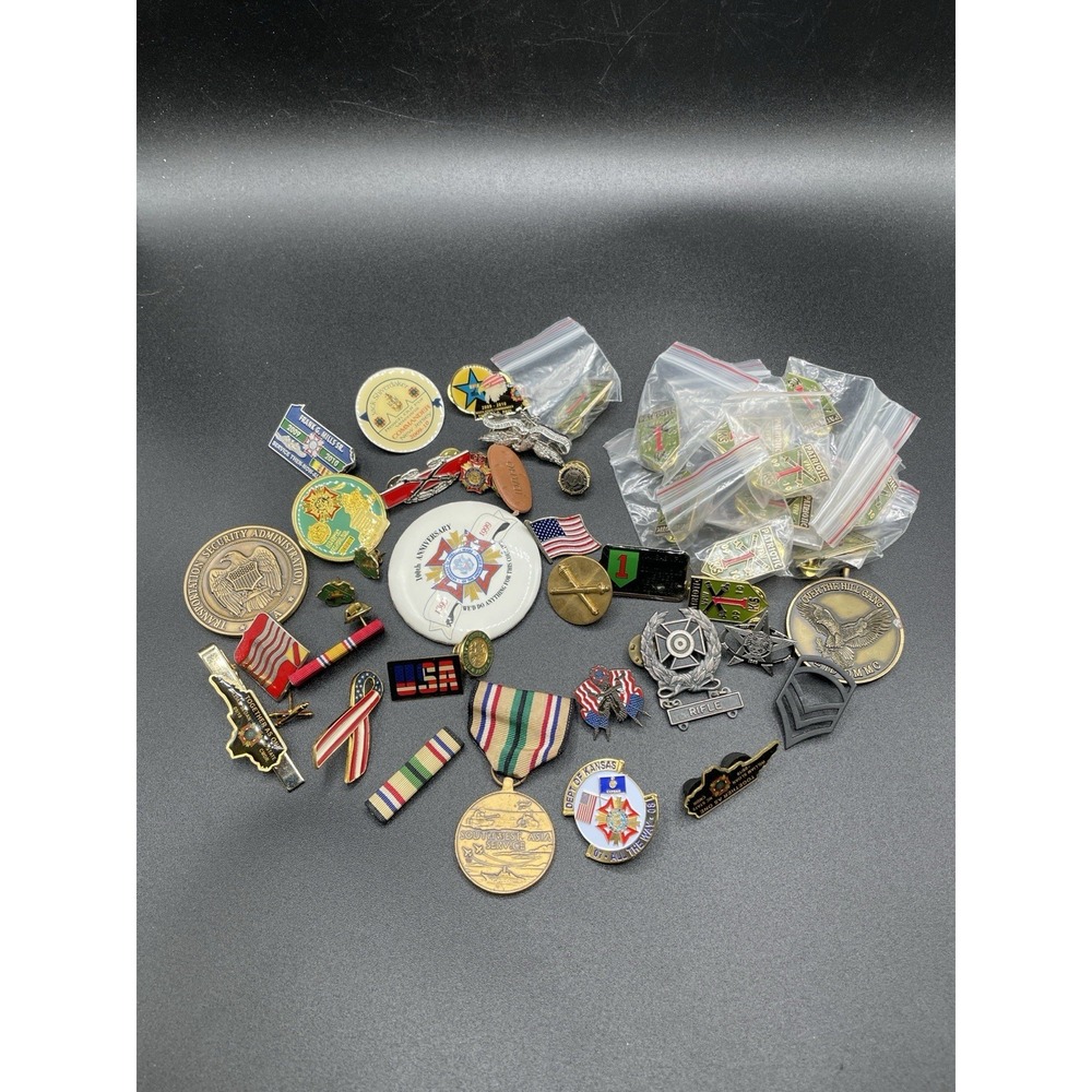 Lot of 40+ Military VFW Pins Badges Medals Ribbons Challenge Coins USA